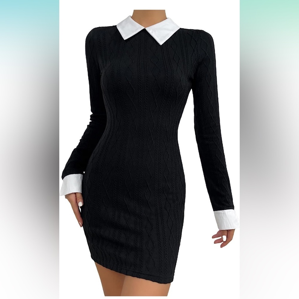Verdusa Women's Colorblock Long Sleeve Collar Short Pencil Bodycon Dress​
